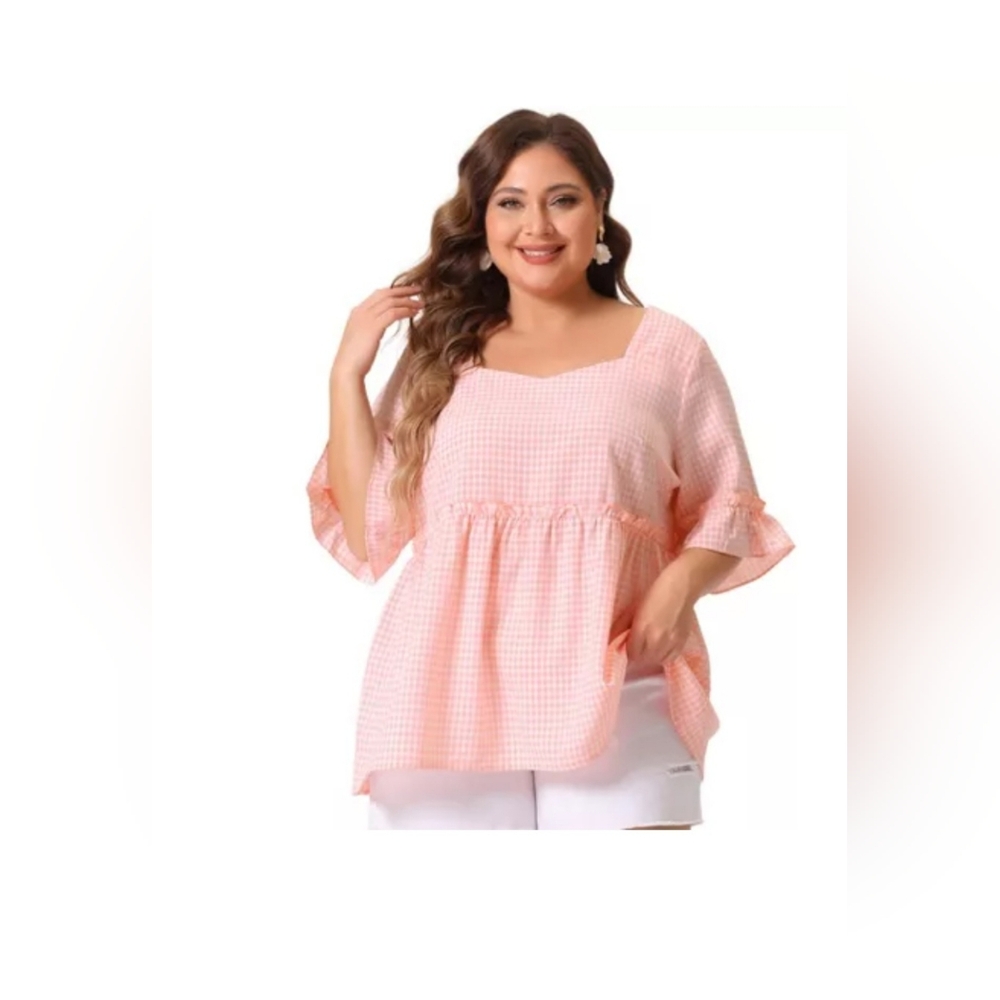 Agnes Orinda Baby Pink Gingham Babydoll Top Plus Size 1X Cottagecore Peplum NWT